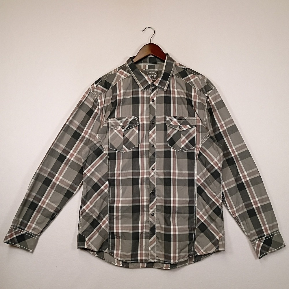 Western BKE Mens Large Grey Plaid Relaxed Fit Long Sleeve Button Down Shirt